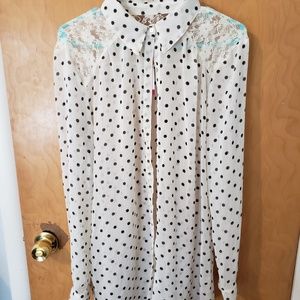 Button down long sleeve lace accent top